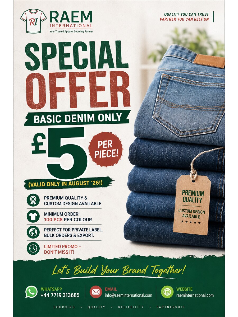 Basic denim special offer, £5 per piece, minimum order 100 pieces per colour