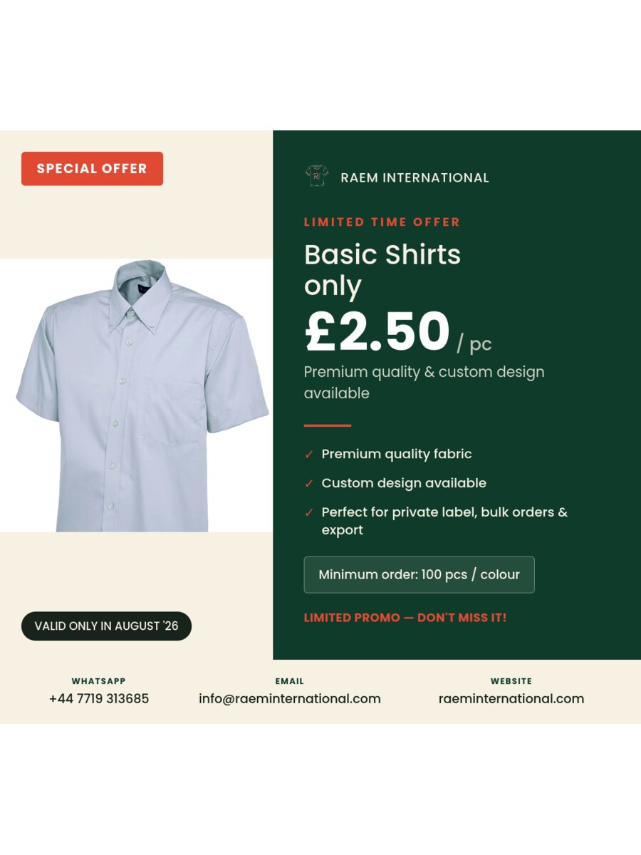 Basic shirts special offer, £2.50 per piece, minimum order 100 pieces per colour