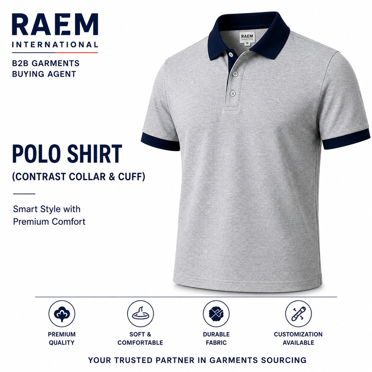 RAEM International Polo shirt with contrast collar and cuff — smart style with premium comfort